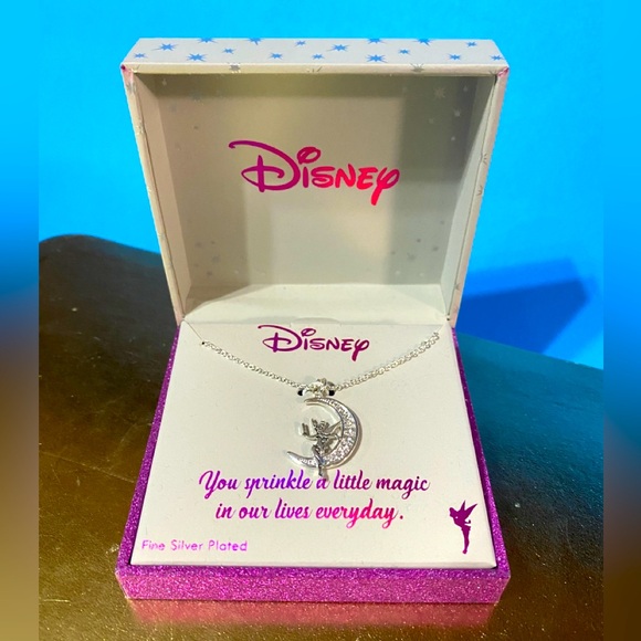 DISNEY NWT 2017 TINKER BELL FAIRY ON MOON SILVER PLATED NECKLACE ORIGINAL BOX - Picture 1 of 10